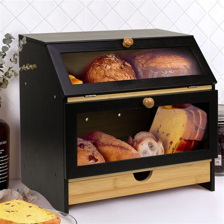 Black Bamboo Bread Box With Drawer factory